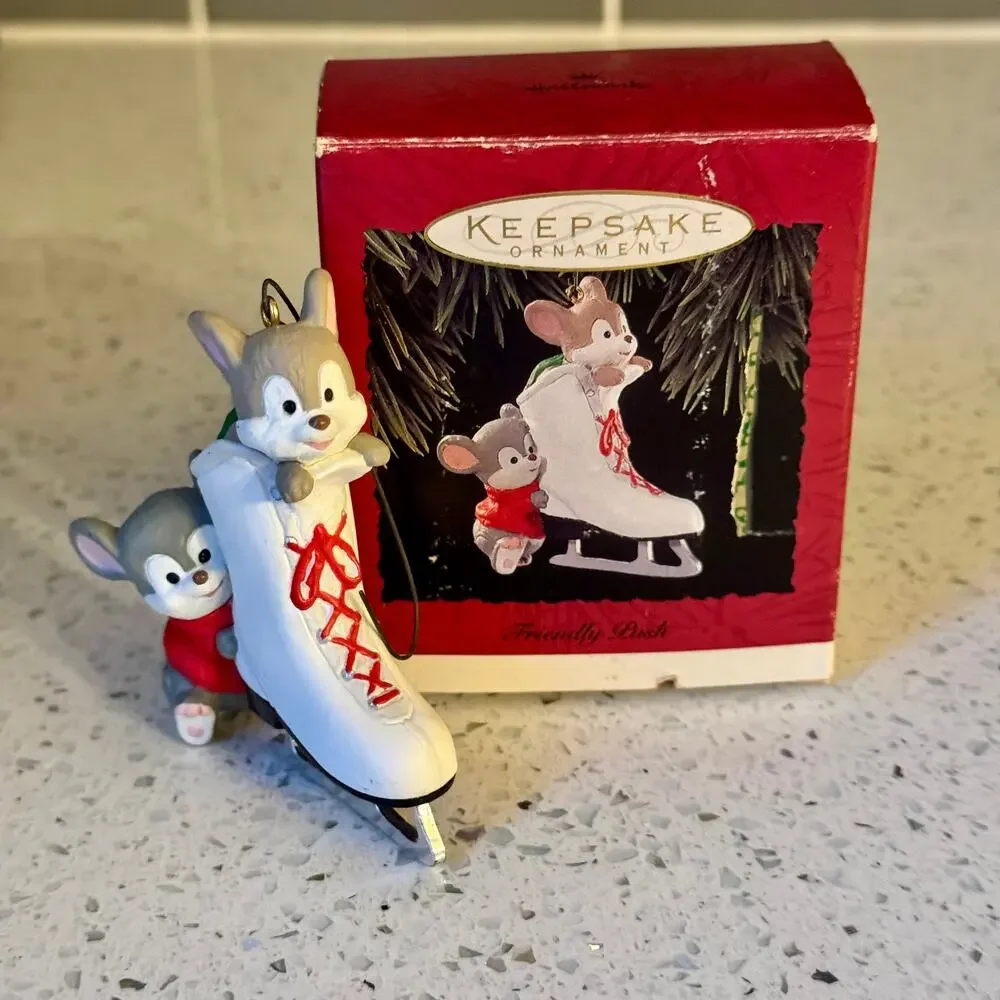 1990's Vintage Mouse Friendly Push Christmas Ornament Collectible with Box